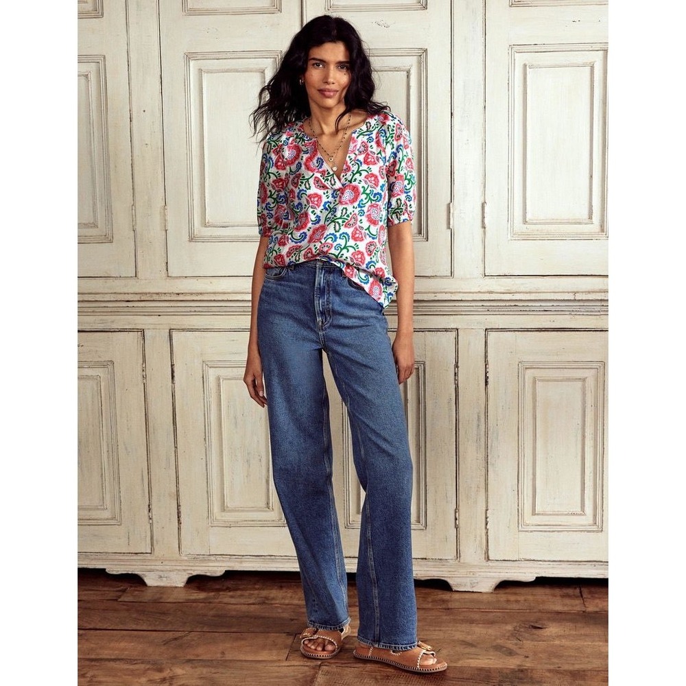 Boden Women's Brooke Pink Blue Floral Linen Notch Neck Puff Sleeve Blouse 16-18